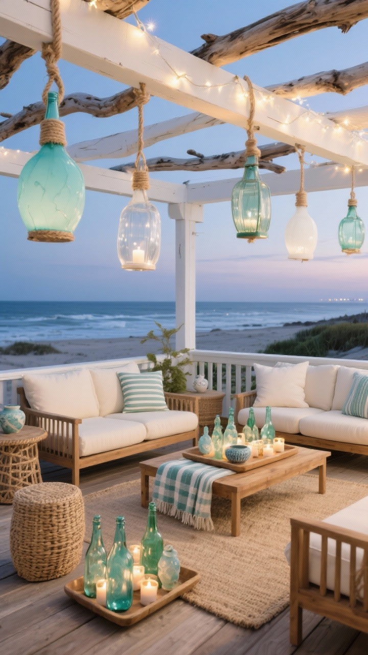 Wide shot, coastal glow patio at twilight: a whitewashed pergola over a driftwood-stained deck with teak lounge set and creamy linen cushions, woven side stools, and a textured sand-toned outdoor rug. Sea-glass colored bottle lanterns in soft aquas, greens, and frosted whites hang at varied heights from jute twine with fairy lights glowing inside; additional tea-light bottles clustered on a low coffee table tray. Add striped throws and coastal ceramics; color palette sand, white, sea-glass blue, sage; breezy, beachy mood, photorealistic.