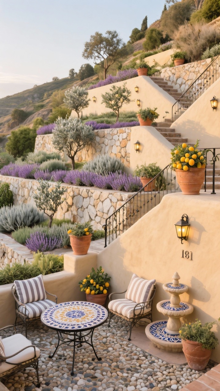 Wide shot, early golden-hour light: a terraced Mediterranean hillside garden with warm sand-toned stucco retaining walls and tumbled limestone steps zigzagging down. Plantings of lavender, rosemary, sage, and small olive trees with silvery foliage fill each level. Terracotta pots spill trailing thyme; urns with citrus flank the path. Wrought-iron railing lines the steps, lantern-style wall sconces glow softly. At the base, a small pebble patio with a mosaic bistro table, striped outdoor cushions on chairs, a petite tiered fountain, and ceramic house numbers on a stucco wall. Palette: sun-baked neutrals, silvery greens, lavender accents, materials: stucco, limestone, terracotta, wrought iron.