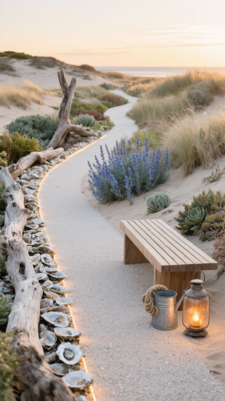 Wide shot, golden-hour garden path evoking a quiet dune walk: a winding pale decomposed granite path bordered by chunky sun-bleached driftwood and thick rows of oyster shells that crunch underfoot; plantings of blue fescue, Russian sage, sea holly, and tucked succulents near the driftwood; soft sandy palette of beiges, stone whites, and pale gray-greens; a simple slatted cedar bench with low back, galvanized watering can, weathered rope coil, and a lantern with amber glass; low, warm path lights skimming across the shell edges, making the border glow after sunset; minimalist, serene, tactile atmosphere; no people; photorealistic.