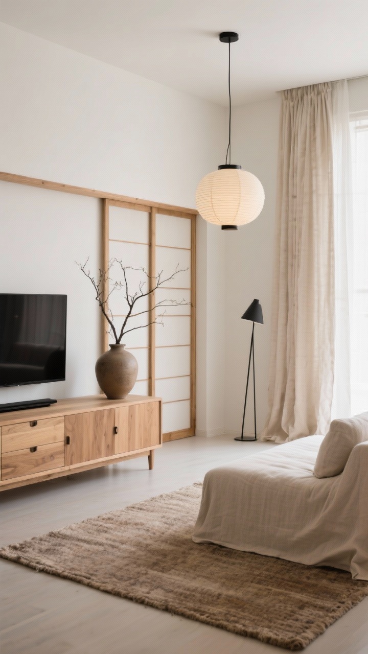 Wide shot, Japandi living room calm: low-profile oak furniture and a linen slipcovered sofa arranged on a nubby wool rug; wall-to-wall floating oak credenza with push-latch doors beneath shoji-inspired sliding doors that conceal a TV; warm whites and mushroom beige palette with matte black accents; a single oversized ceramic vase with a branch as the focal styling piece; flax linen curtains lightly pooling on the floor; lighting from a paper lantern pendant and a slim black floor lamp, creating serene, airy, minimal ambiance; photorealistic, straight-on view.