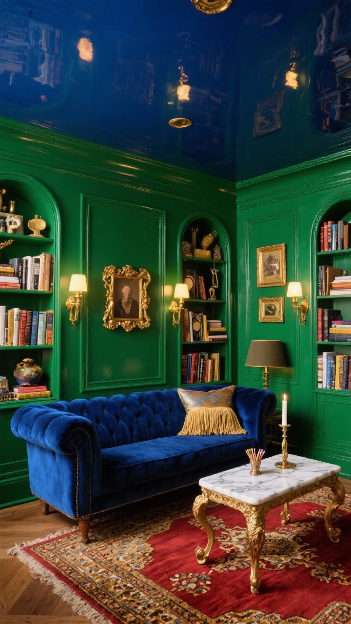Wide shot, Maximalist Jewel-Tone Library Lounge: Emerald green walls with built-in bookcases filled with layered books, quirky objects, and gilded frames; brass picture lights wash warm light over shelves; a deep sapphire velvet sofa with a silk fringe pillow sits atop a red-and-gold patterned Persian rug; a marble-topped side table holds an ornate candle and vintage match striker; ceiling painted glossy midnight blue, reflecting a cocooned ambiance; textures of velvet, brass, marble, lacquered paint; photorealistic, angled view highlighting ceiling sheen.