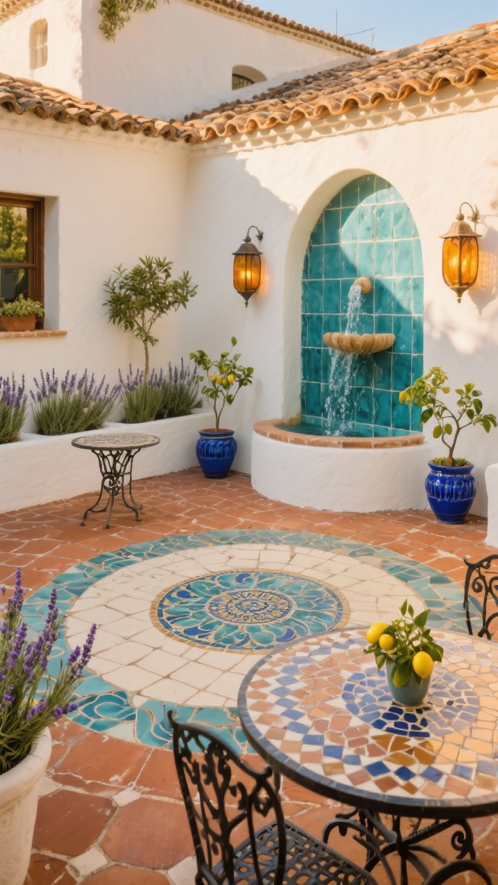Wide shot, Mediterranean courtyard at golden hour: a sun-warmed patio of hand-laid mosaic pavers in terracotta, cream, and deep turquoise swirling around a central medallion; low white stucco planters packed with rosemary and lavender; a wrought-iron bistro set with a mosaic-inlaid tabletop; cobalt ceramic pots with small lemon trees; a tile-faced wall fountain trickling beside amber-glass lanterns; palette of terracotta, cream, turquoise, cobalt; textures of glazed tile, aged metal, stucco; photorealistic, no people.