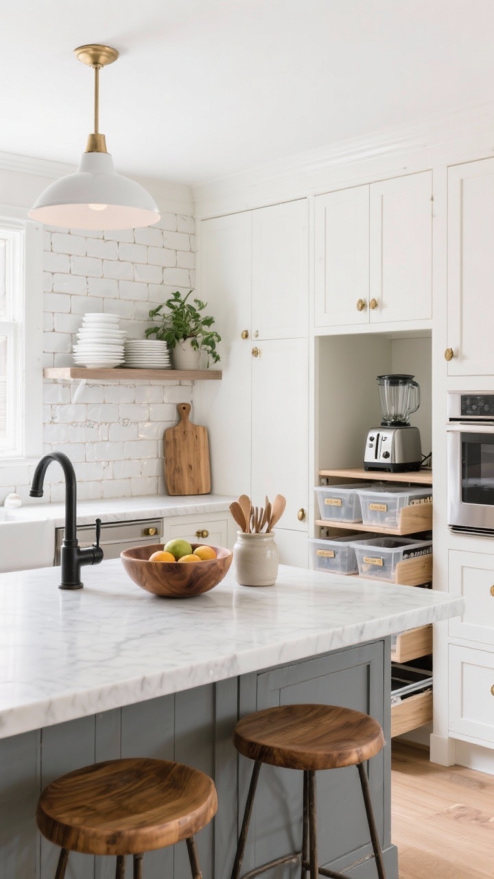 Wide shot, modern farmhouse kitchen with hidden smarts: warm white shaker cabinetry, soft gray island, aged brass pulls, matte black faucet; quartz counters kept clear with only a generous wooden fruit bowl and a slim ceramic utensil crock; appliance garage door partially open showing toaster and blender; handmade white zellige tile backsplash catching light; single open shelf following the rule—stack of white dishes, one plant, one wood board; pantry with pull-out drawers, clear bins and uniform labels visible through an open door; oak stools at the island; bright, fresh, clutter-free; photorealistic, straight-on kitchen view.