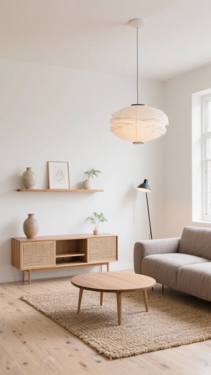 Wide shot, Nordic Calm Living Room: a serene living room with soft white and oat-beige walls, pale ash wood floors, and a low-profile warm gray linen sofa. A round oak coffee table sits on a woven jute rug; a floating maple wood shelf displays three curated objects—a ceramic vase, a framed sketch, and a tiny plant. Lighting includes a paper lantern pendant casting a cloud-like glow and a floor lamp with a slim black stem. A closed cane-front media console hides clutter. Natural daylight, clean lines, photorealistic, no people.