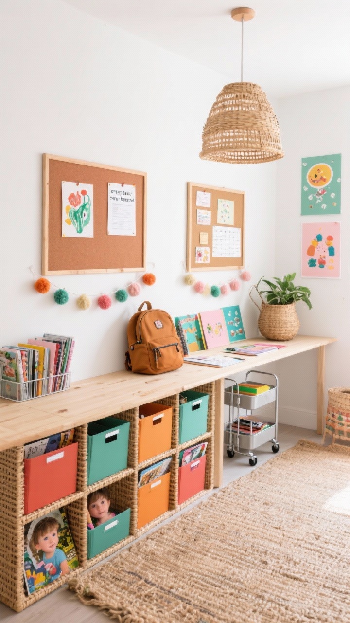 Wide shot of a boho kids’ study corner: white wall layered with a rust, ochre, sage, and blush palette. A long shared desk spanning two rattan-front cube shelves holding color-coded magazine files (distinct hues per kid/subject) and a weekly “empty-backpack” bin. Two cork boards in matching wood frames display artwork and permission slips. Jute rug underfoot, pom-pom garland, woven pendant light, rolling metal carts for notebooks and craft paper, playful prints, and a plant in a belly basket. Bright, cheerful, functional.