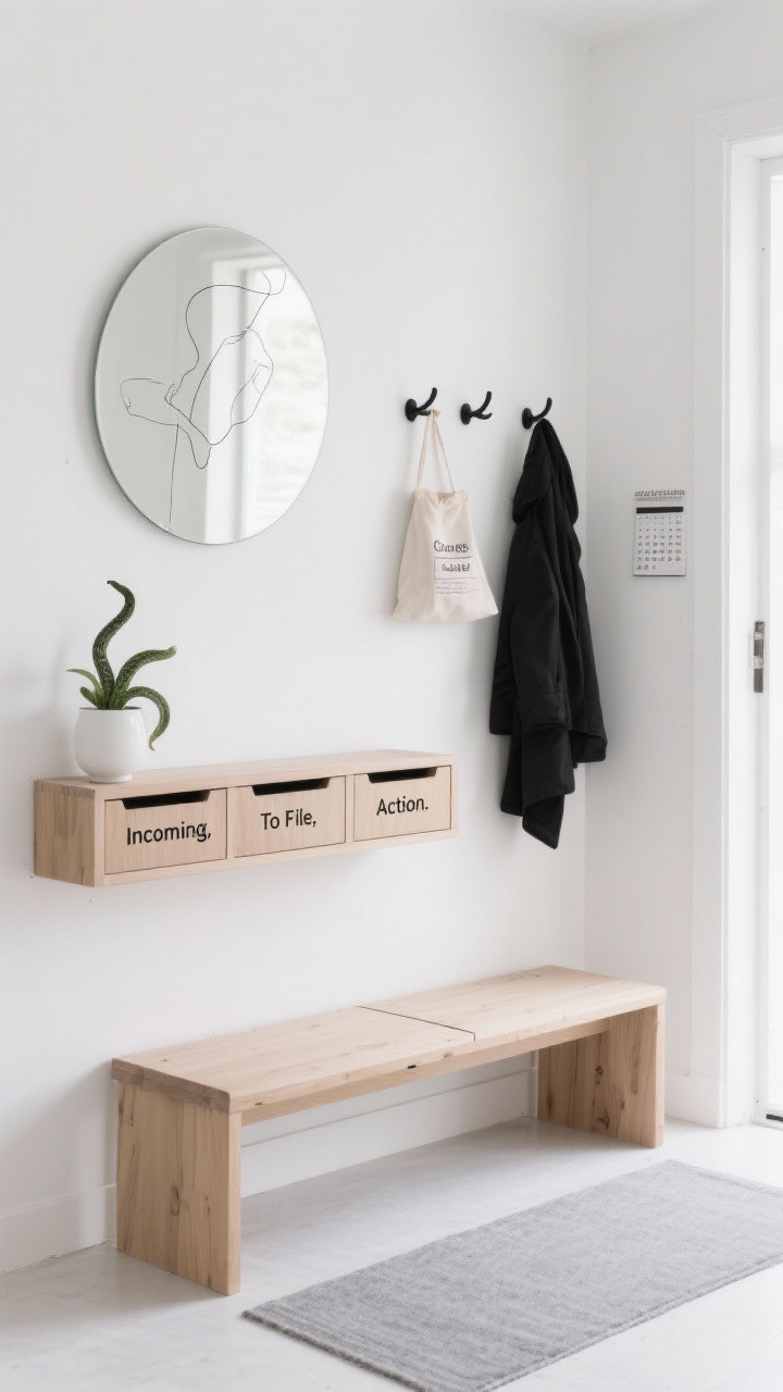 Wide, straight-on shot of a Scandinavian entry nook: crisp white wall, pale oak bench with a lift-top and soft gray runner beneath, matte black coat hooks, and a slim wall-mounted light oak console with flip-down compartments labeled “Incoming,” “To File,” “Action.” Above, a simple round mirror reflects soft natural light; a narrow peg rail holds a minimal wall calendar and a linen pouch for coupons. Minimal art: a single framed line drawing; white ceramic planter with a small snake plant. Color palette: white, pale oak, soft gray, matte black. Photorealistic, airy, calm.