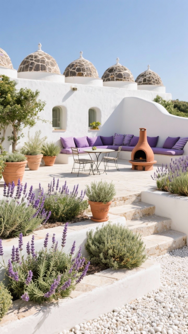 Wide terrace scene, sun-baked Mediterranean mood with herbal greens, dusty purples, and white stone; repeating domes of lavender and rosemary, lower cushions of thyme spilling over edges; salvia spikes and yarrow’s flat-topped clusters for structure; white pea gravel ground plane, terracotta pots, sun-warmed stone steps; olive-toned planters, a small bistro set, and a terracotta chiminea; crisp edges, drought-tolerant feel; bright, high-contrast midday sunlight, no people.